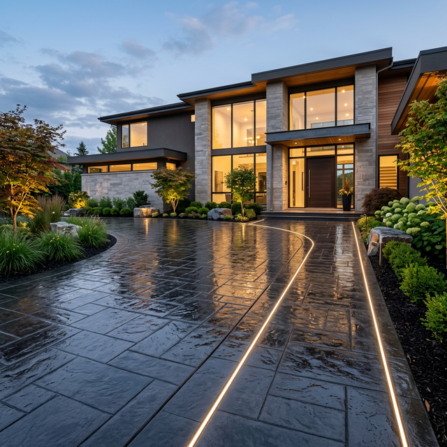 Smooth stamped concrete driveway leading to luxury home